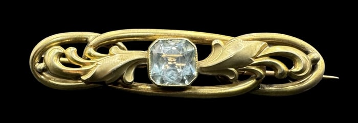 Beautiful Ornate Antique European Gold-Tone Metal & Blue Gemstone Brooch