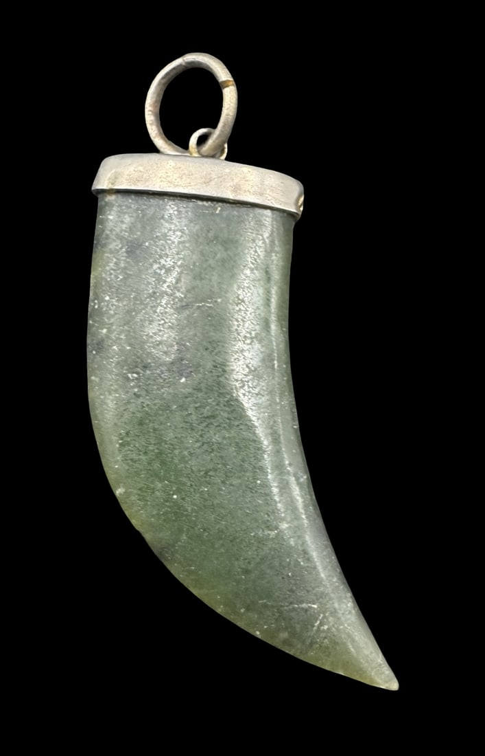 Unusual Vintage Sterling Silver & Jadeite Tooth Shaped Pendant: Very good vintage condition with minor patina according to age. Measures approx. 1 3/4" long x 5/8" wide and weighs ca. 4.4 grams. Tested for Silver.