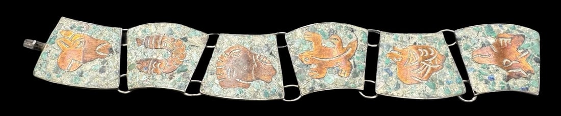 Vintage SBM Mexico Sterling Silver & Brass Inlayed Bracelet: Very good vintage condition with minor patina according to age. Measures approx. 7" long x 1" wide & weighs ca. 37.7 grams. Marked for Sterling Silver & SBM Mexico.