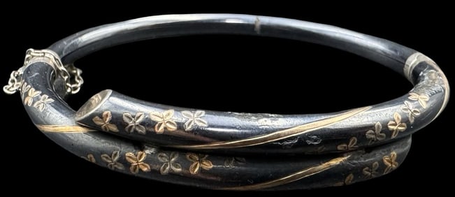 Ornate Antique European 800 Silver & Niello Bangle Bracelet