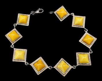 Beautiful Vintage Mid-Century Modern Sterling Silver & Butterscotch Amber Bracelet