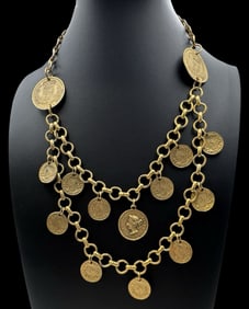Unusual Vintage YOCHI NY Gold-Tone Metal Costume Jewelry Necklace /w French Coin Charms