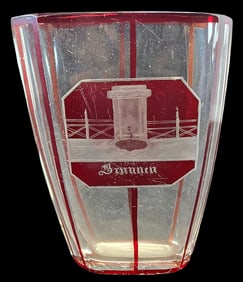 Antique Bohemian Ruby Cut-to-Clear Crystal Spa Souvenir Beaker