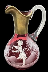 Beautiful Antique Bohemian Snow Painted Red Art Glass Vase