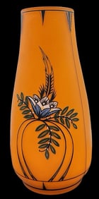 Antique Art Nouveau Orange Art Glass Vase /w Hand Painted Enamel Design