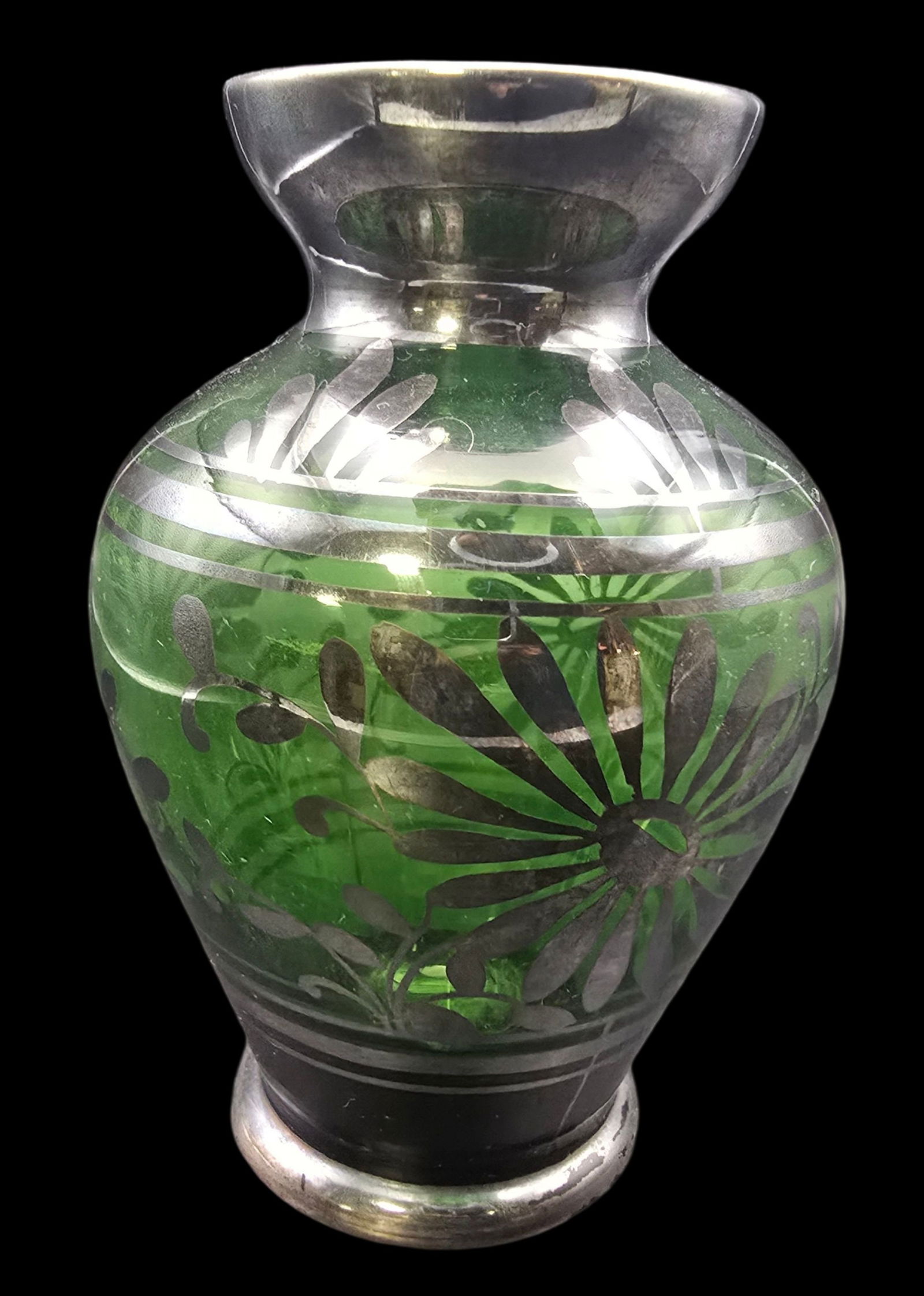 Antique ca. 1900 European Green Art Glass Vase /w Silver Overlay: Very good vintage condition with some patina according to age, please see pictures. No chips, cracks, or repairs. Measures approx. 4 1/2" high x 3" in diameter.