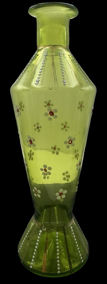 Antique Bohemian Handpainted Enamel on Green Art Glass Vase (1 of 4)
