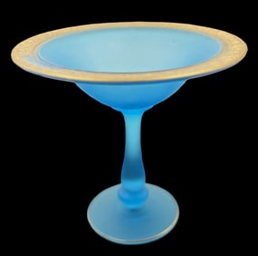 Very Unusual Antique European Sky Blue Satin Glass Bowl /w Hand Painted Gold Trim