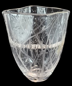 Stylish Vintage KOSTA BODA Sweden Etched Crystal Vase "Birds in Trees"