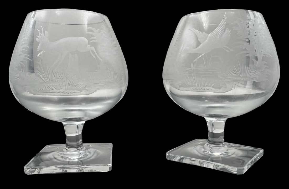 Rare Pair of Antique European Hand Engraved Hunting Theme Crystal Cognac Glasses - Signed: Very good antique condition. No chips, cracks, or repairs. Each measures approx. 4 1/2" high x 3 1/2" wide. Marked on the bottom.