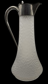 Stylish Vintage Mouth Blown Frosted & Textured Art Glass Carafe /w Silverplate Fixtures