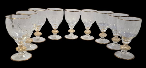 Set of 9 Antique Hand Cut Crystal & Gold Flake Glasses