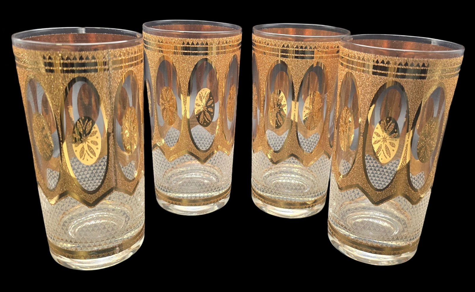 Set of 4 Vintage CULVER Hollywood Regency Highball Glasses /w 22K Gold Trim: Very good vintage condition; no chips, cracks, or repairs. Each measures approx. 5 1/2" long x 3" in diameter.