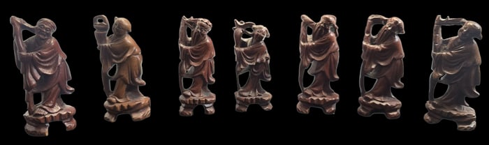 Group of 7 Vintage Hand Carved Chinese Wood Figurines