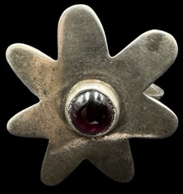 Unusual Vintage Mid-Century Sterling Silver & Red Gemstone Flower Shaped Ring