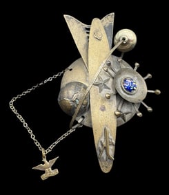 Rare Vintage JAN MICHAELS San Francisco Space Theme Bronze Brooch /w Chain & Charm