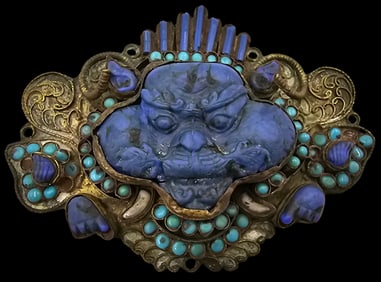 Very Large & Unusual Antique Oriental Brass, Lapis Lazuli & Turquoise Pendant