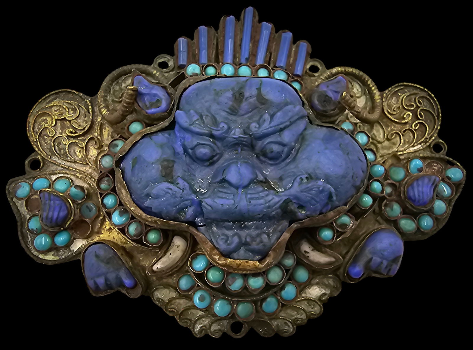 Very Large & Unusual Antique Oriental Brass, Lapis Lazuli & Turquoise Pendant: Very unusual piece in very good anique condition with some wear and patina according to age. Measures approx 5" wide x 3" high.