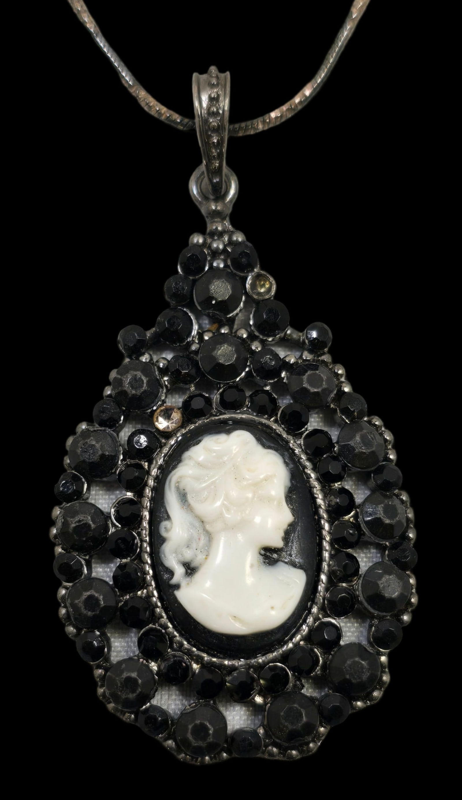 Vintage Cameo & Black Rhinestone Costume Jewelry Pendant on Sterling Silver Necklace (1 of 8)