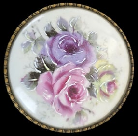 Large Antique European Hand Painted Porcelain & Brass Brooch