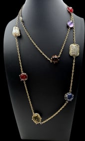 Unusual Vintage Gold-Tone Metal Multi-Color Gemstone Costume Jewelry Necklace