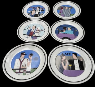 Vintage PHILIPPE DESHOULIERES Limoges France Roaring Twenties Set of 6 Porcelain Plates