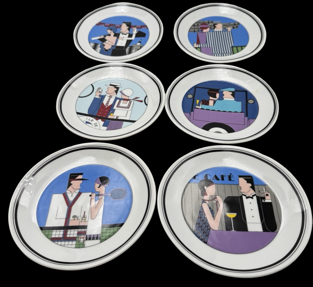 Vintage PHILIPPE DESHOULIERES Limoges France Roaring Twenties Set of 6 Porcelain Plates (1 of 7)