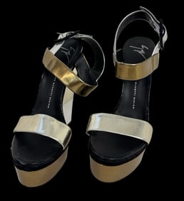 GIUSEPPE ZANOTTI Metallic Gold And Silver Leather Platform Wedge Strappy Sandals - Barely Worn