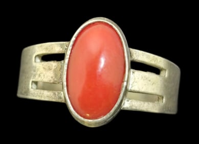 Vintage Mid-Century European 835 silver & Oval Red Coral Ring