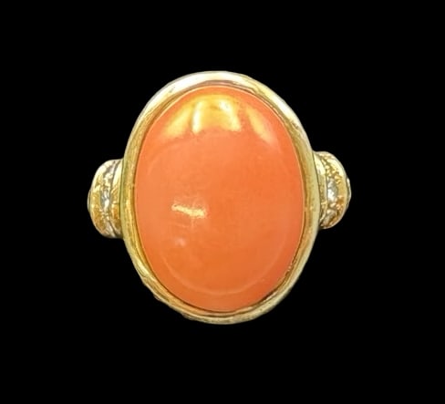 Vintage Gilt Sterling Silver, Large Red Coral & Clear Gemstone Ring: Very good vintage condition with minor patina according to age. Measures approx. 3/4" long x 1/2" wide and weighs ca. 10.4 grams. The ring is a size 6 1/2. Marked for Sterling Silver.