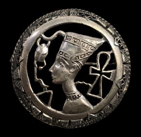 Vintage Egyptian Revival Sterling Silver Queen Nefertiti & Scarab Eternal Life Brooch