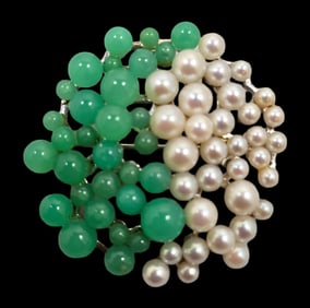 Very Unusual Vintage European 14K White Gold, Pearls & Chrysoprase Yin Yang Pin Brooch