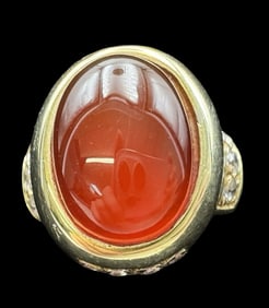 Massive Vintage Gilt Sterling Silver, Carnelian & Clear Gemstone Cocktail Ring