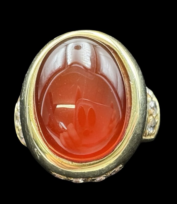 Massive Vintage Gilt Sterling Silver, Carnelian & Clear Gemstone Cocktail Ring: Very good vintage condition with minor patina according to age. Measures approx. 3/4" long x 5/8" wide and weighs ca. 10.8 grams. The ring is a size 6 1/4. Marked for Sterling Silver.