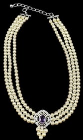 Gorgeous Vintage 835 Silver, Pearl & Purple Gemstone 3-Strand Necklace