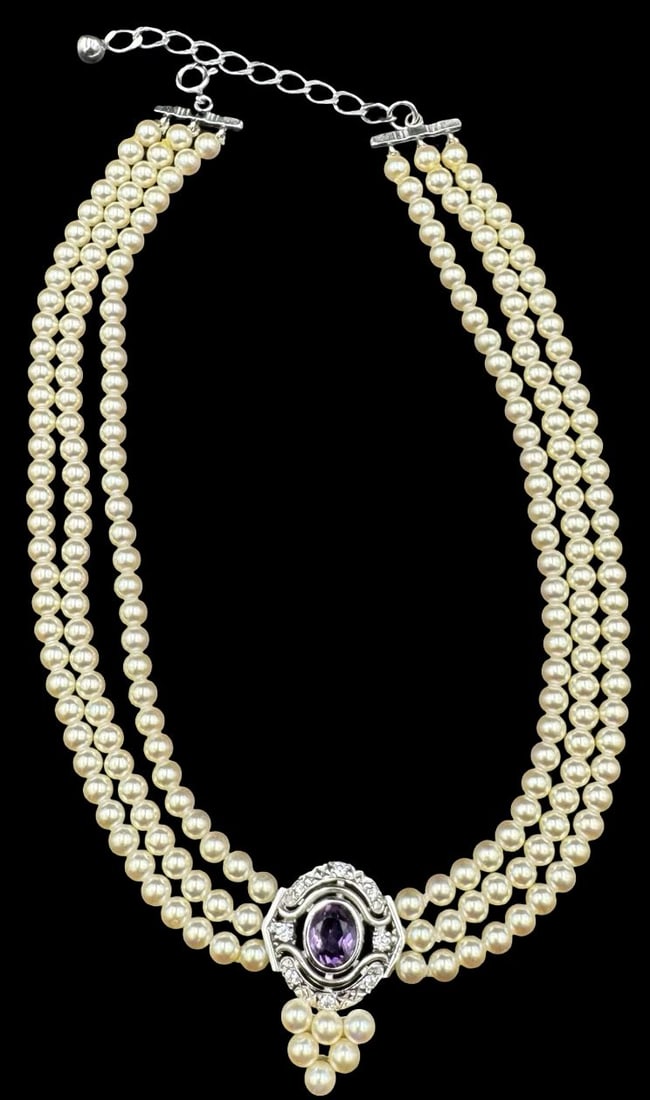 Gorgeous Vintage 835 Silver, Pearl & Purple Gemstone 3-Strand Necklace: Very good vintage condition with minor patina according to age. Pendant measures approx. 1" long x 1 3/8" wide and weighs ca. 44 grams. Necklace is ca. 14" long. Marked for 835 Silver.