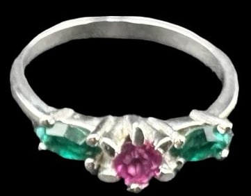 Beautiful Vintage Sterling Silver & Green / Pink Gemstones Ring