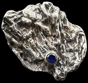 Unusual Mid-Century Modern Brutalist Sterling Silver Ring /w Blue Gemstone