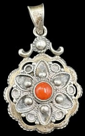 Ornate Vintage Sterling Silver & Red Coral Pendant