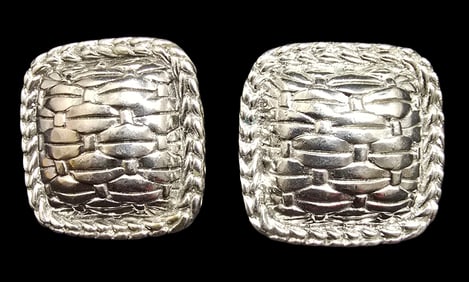 Stylish Vintage JOHN HARDY Sterling Silver Basket Weave Clip-On Earrings