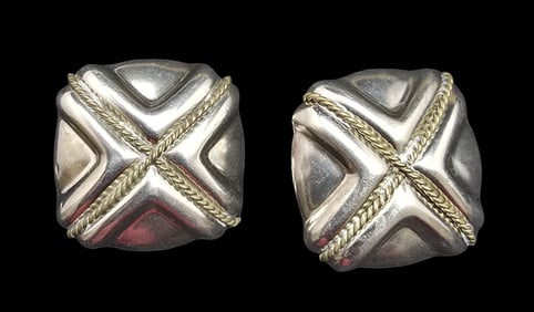 Large Ornate Vintage Mexican Partially Gilt Sterling Silver Clip-On Earrings