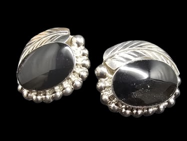 Large Vintage Southwestern Sterling Silver & Black Onyx Clip-On Earrings