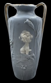 Antique Art Nouveau Blue Porcelain Vase /w Cameo Style Portraits and Gold Acccents