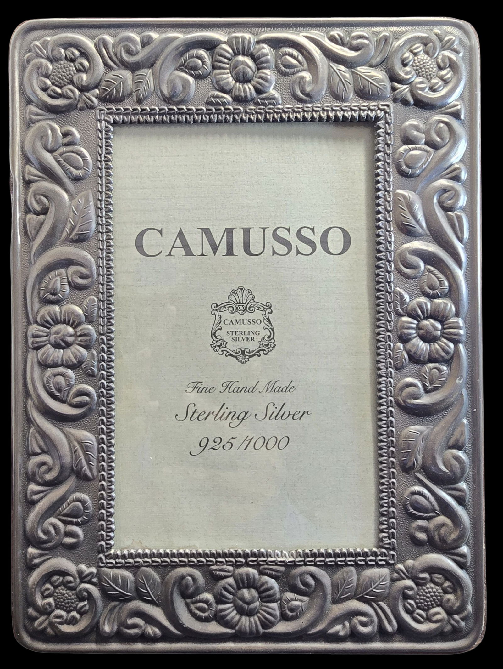 Stunning Vintage CAMUSSO Italy Sterling Silver Picture Frame: Very good vintage condition with minor wear according to age. Measures approx. 10" high x 7 1/2" wide. Marked.