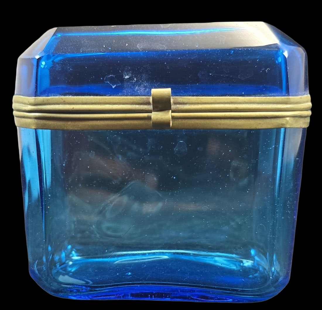 Stunning Vintage European Blue Art Glass & Brass Mounting Box: Very good vintage condition with minor wear according to age. Measures approx. 4" high x 4" wide.