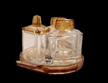 Vintage Art Deco European Amber & Clear Glass Condiment Set