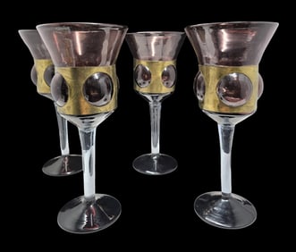 Very Unusual Set of 4 Mid-Century Brutalist Red & Clear Glass /w Gold Trim Wine Glasses