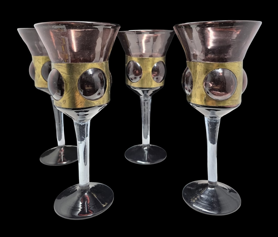 Very Unusual Set of 4 Mid-Century Brutalist Red & Clear Glass /w Gold Trim Wine Glasses (1 of 7)
