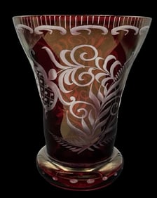 Antique Hand Engraved Red Art Glass Tumbler