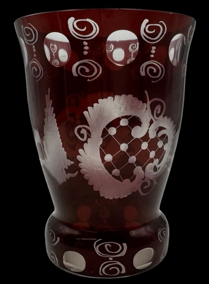 Antique Hand Engraved Red Art Glass Tumbler (1 of 4)